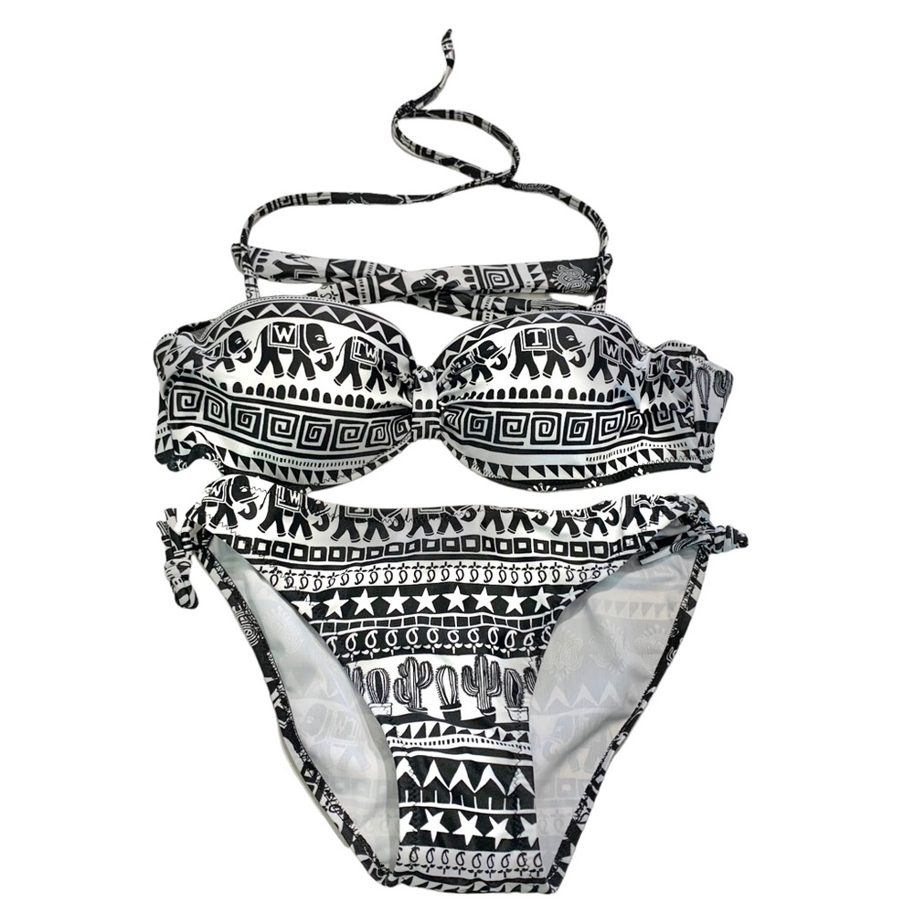 BLACK & WHITE Southwest Elephant & Cactus String Bikini Set Sz L